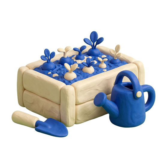 Community garden illustration in blue and ivory clay