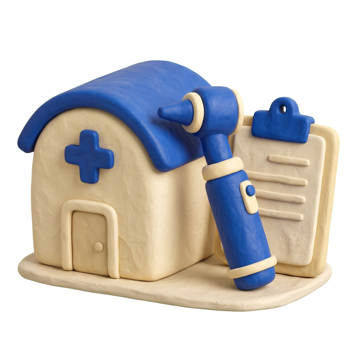 Community health center illustration in blue and ivory clay