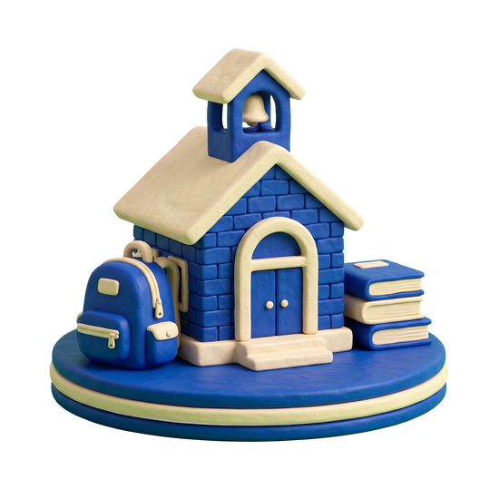 Community school illustration in blue and ivory clay