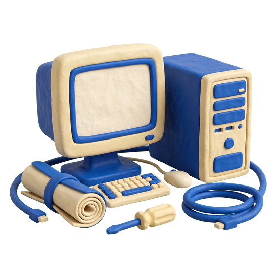 Computer consultant illustration in blue and ivory clay