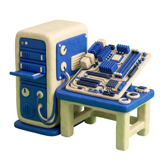 Computer hardware manufacturer illustration in blue and ivory clay