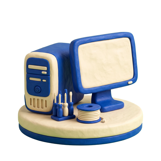 Computer service illustration in blue and ivory clay