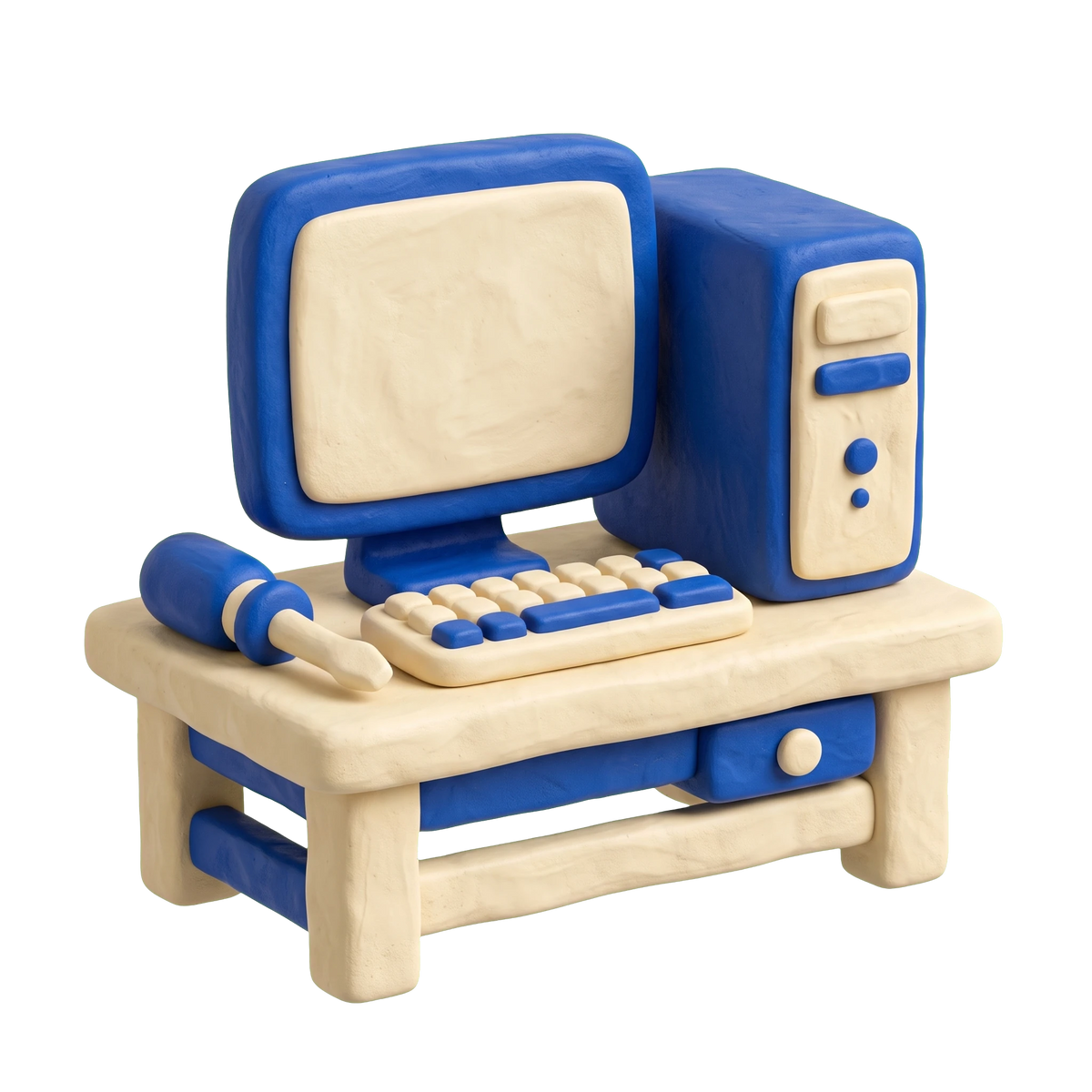 Computer store illustration in blue and ivory clay