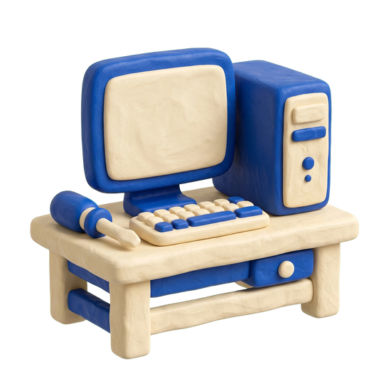 Computer store illustration in blue and ivory clay
