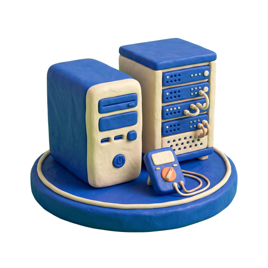 Computer support and services illustration in blue and ivory clay