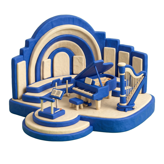 Concert hall illustration in blue and ivory clay
