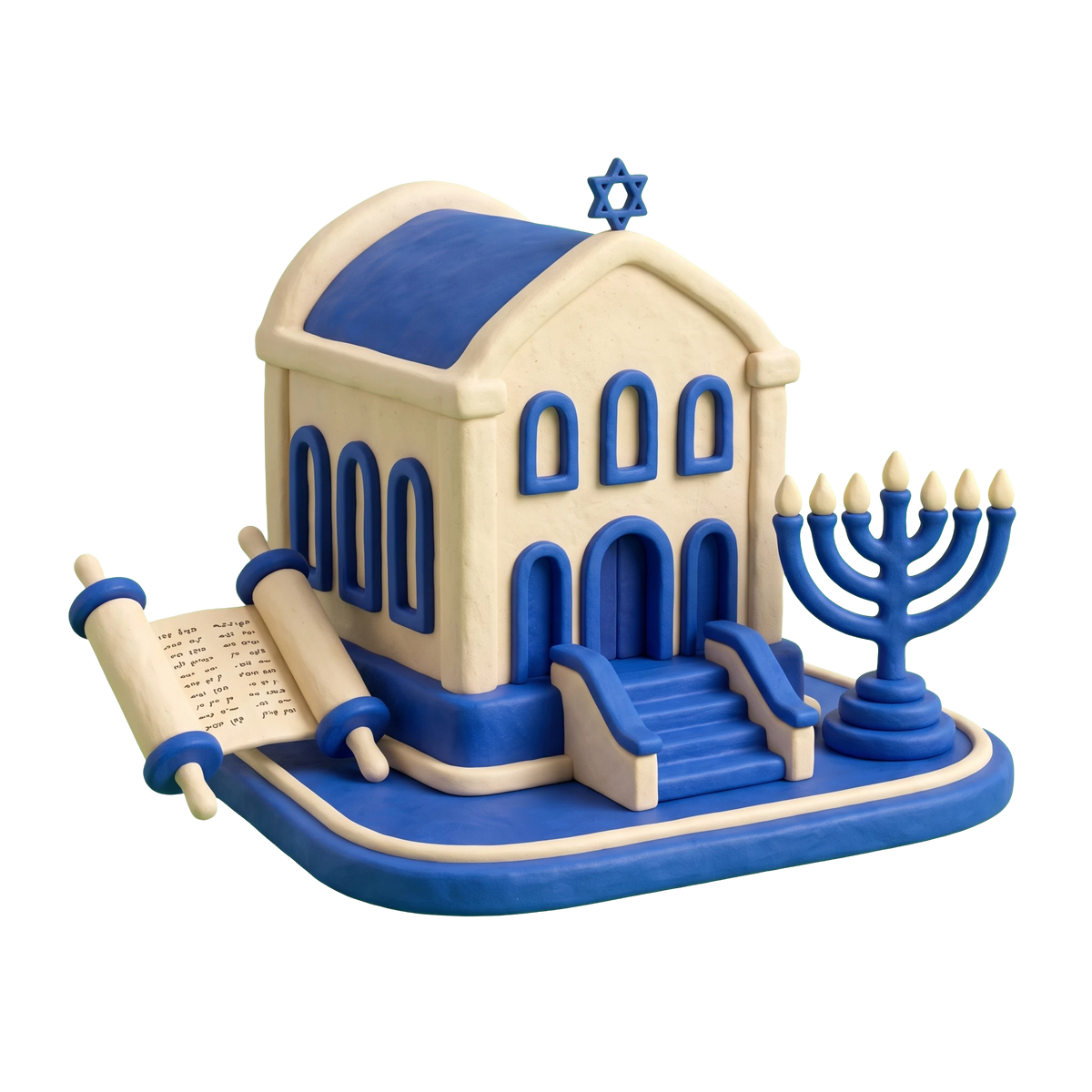 Conservative synagogue illustration in blue and ivory clay