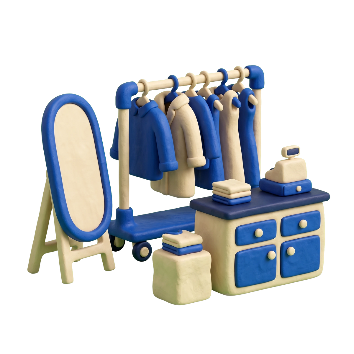 Consignment shop illustration in blue and ivory clay