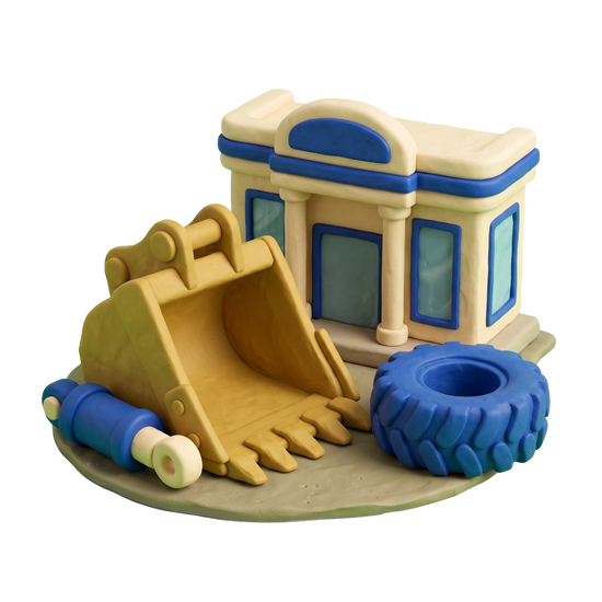 Construction machine dealer illustration in blue and ivory clay