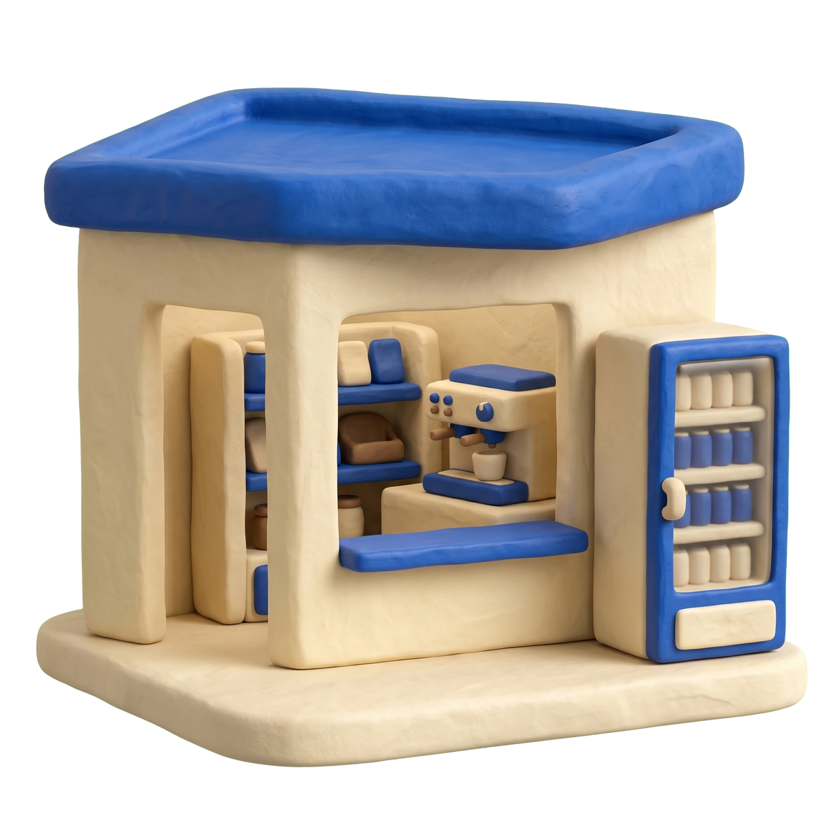 Convenience store illustration in blue and ivory clay
