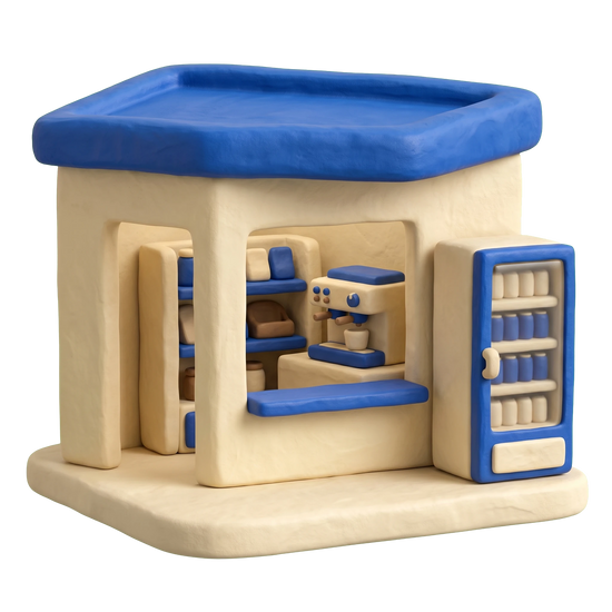 Convenience store illustration in blue and ivory clay