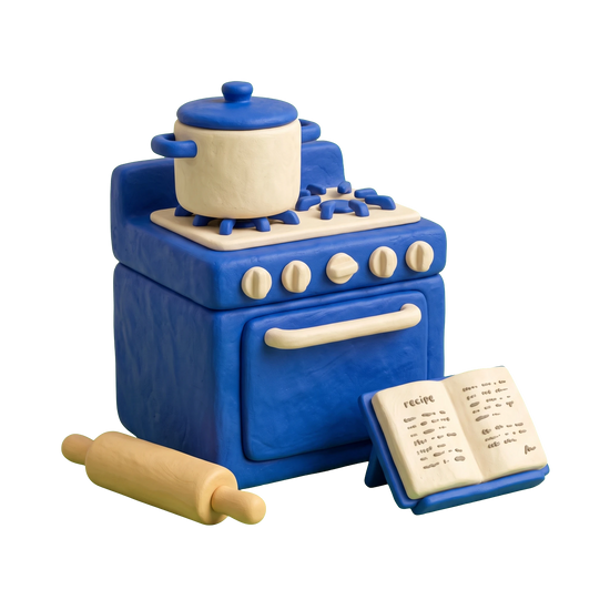Cooking school illustration in blue and ivory clay