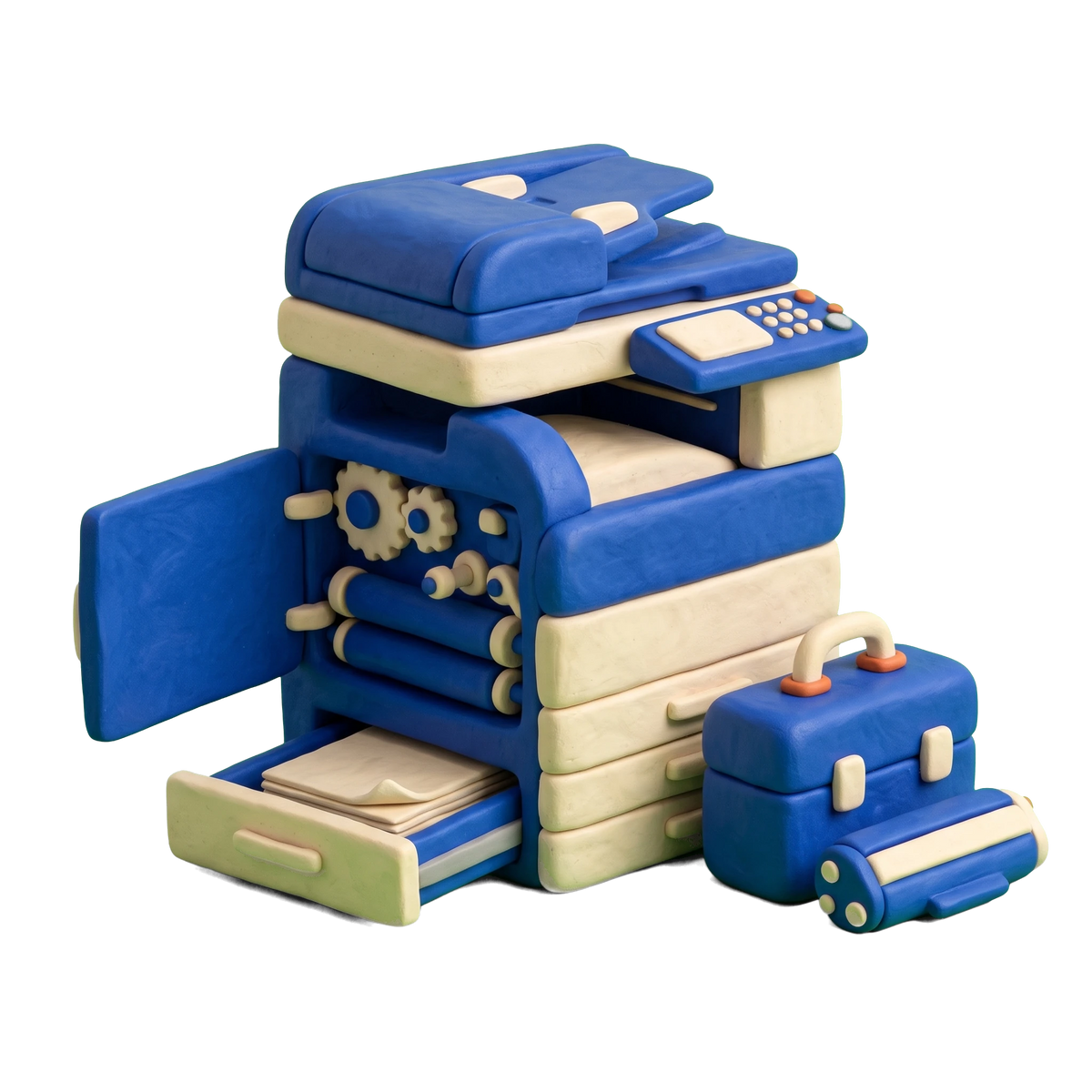 Copier repair service illustration in blue and ivory clay
