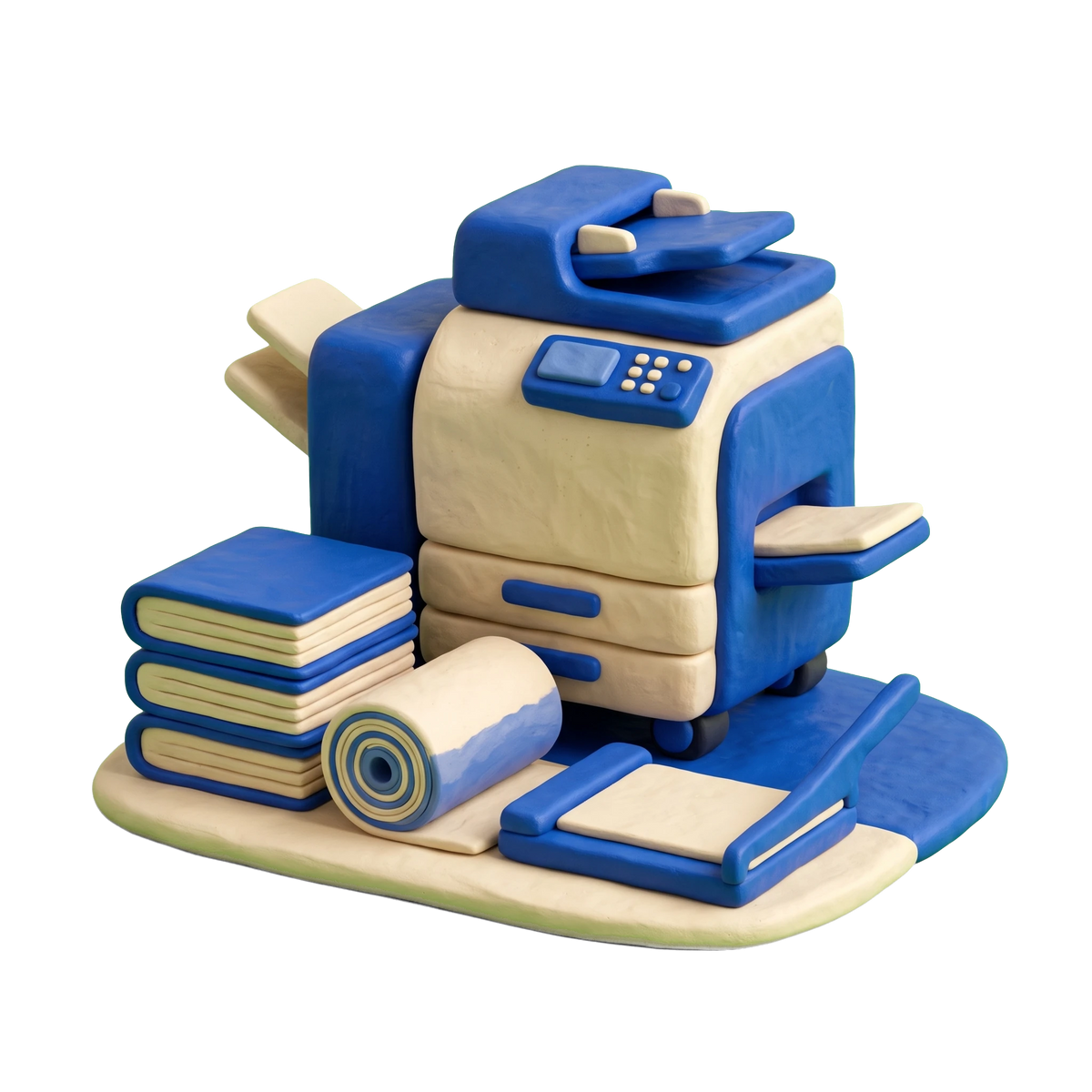 Copy shop illustration in blue and ivory clay