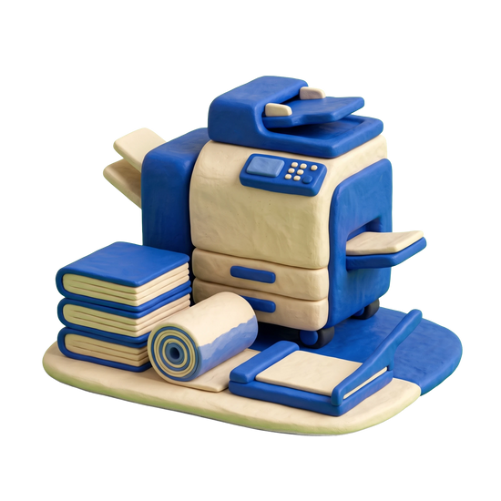 Copy shop illustration in blue and ivory clay