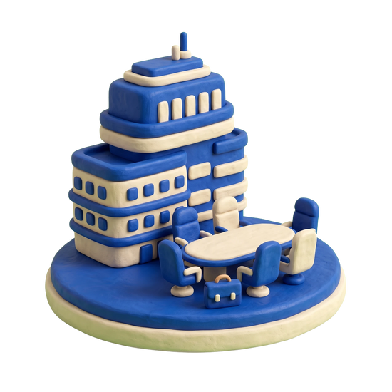 Corporate office illustration in blue and ivory clay
