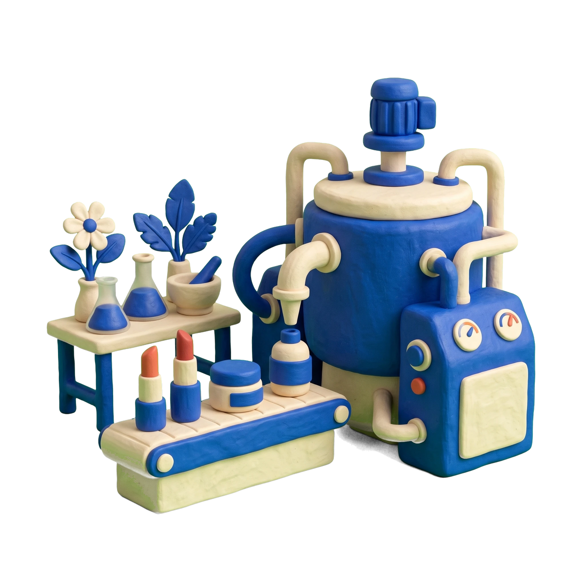 Cosmetic products manufacturer illustration in blue and ivory clay