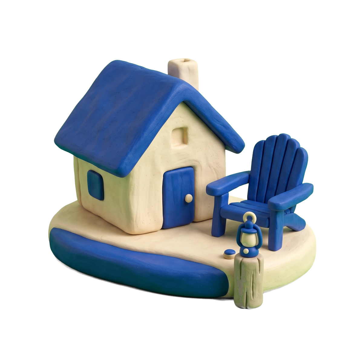 Cottage illustration in blue and ivory clay