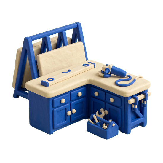 Countertop contractor illustration in blue and ivory clay
