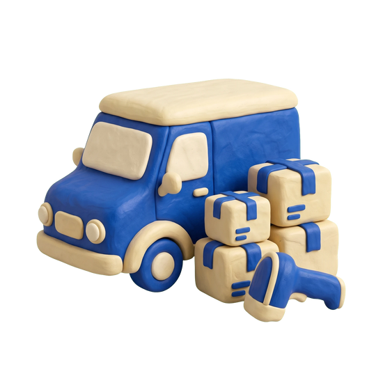Courier service illustration in blue and ivory clay