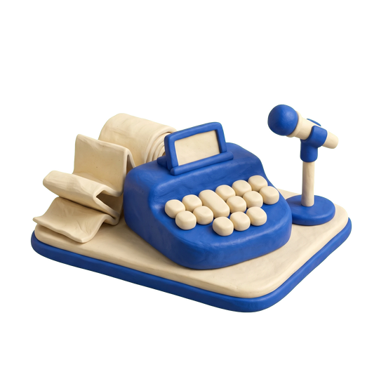 Court reporter illustration in blue and ivory clay