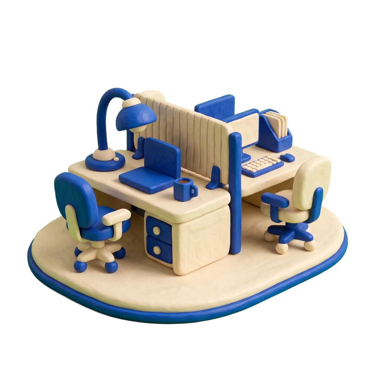 Coworking space illustration in blue and ivory clay