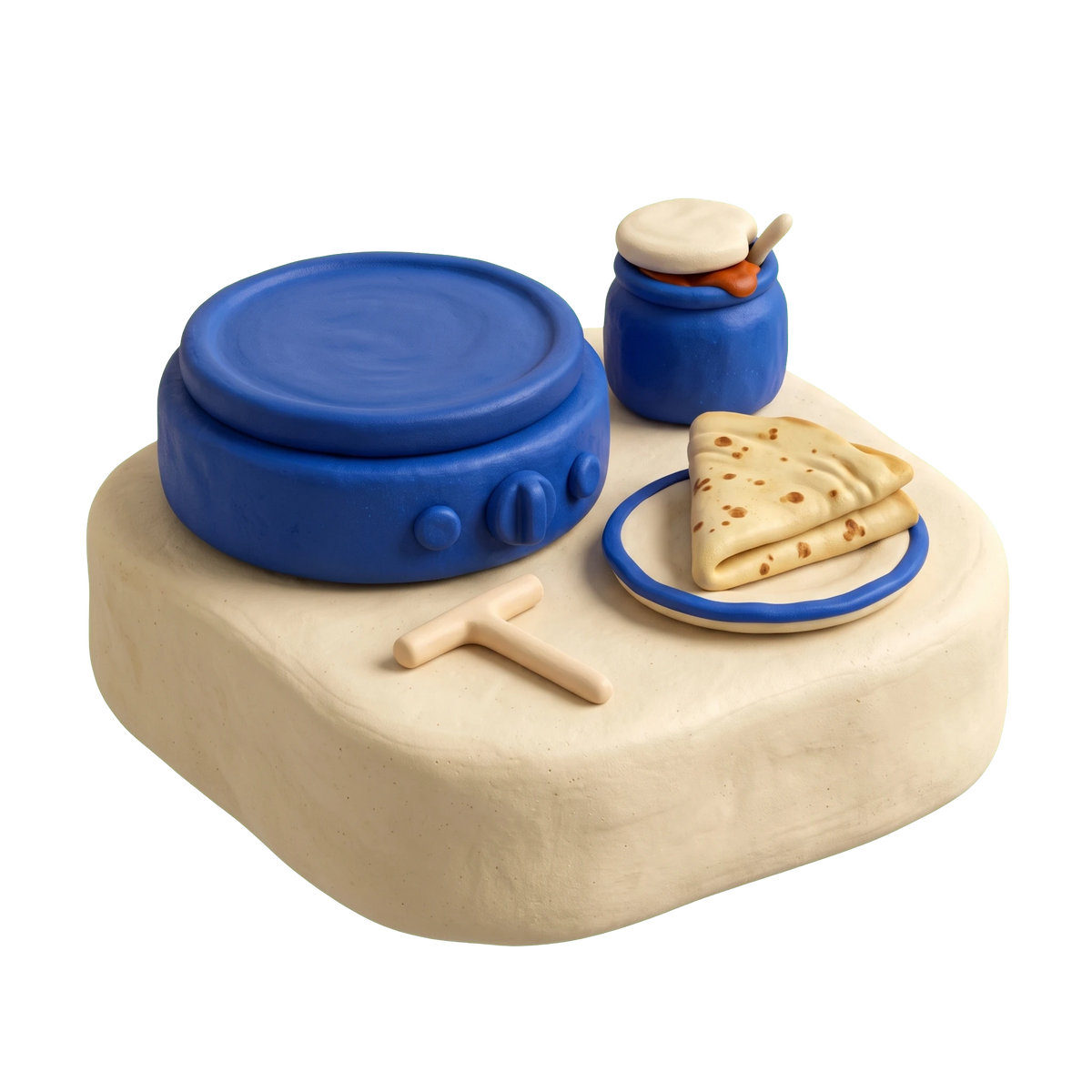 Creperie illustration in blue and ivory clay