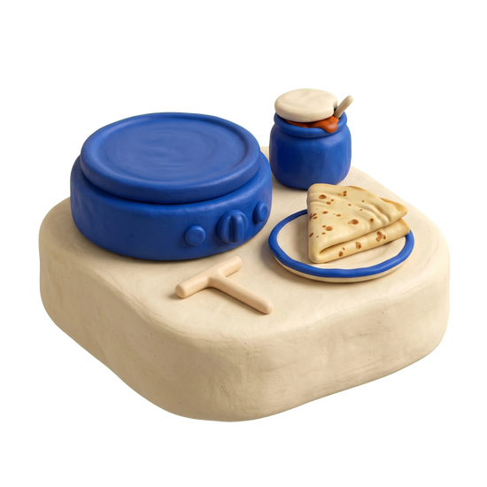 Creperie illustration in blue and ivory clay
