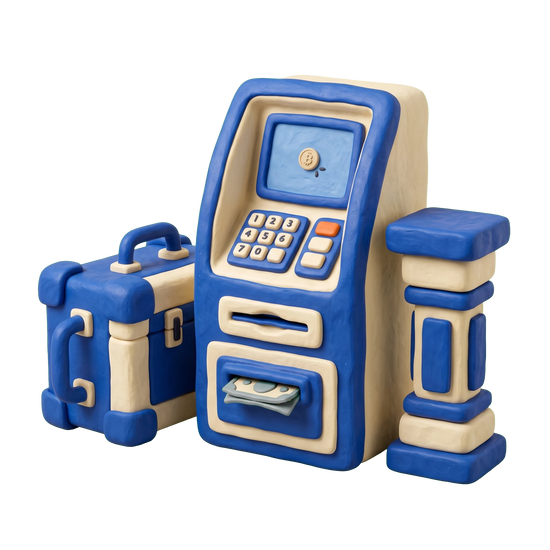 Crypto ATM illustration in blue and ivory clay
