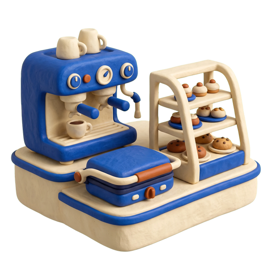 Cuban restaurant illustration in blue and ivory clay