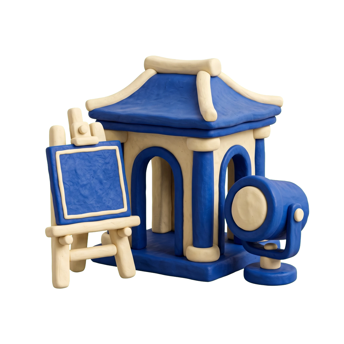 Cultural center illustration in blue and ivory clay