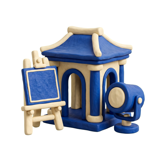 Cultural center illustration in blue and ivory clay