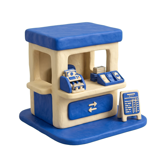Currency exchange service illustration in blue and ivory clay