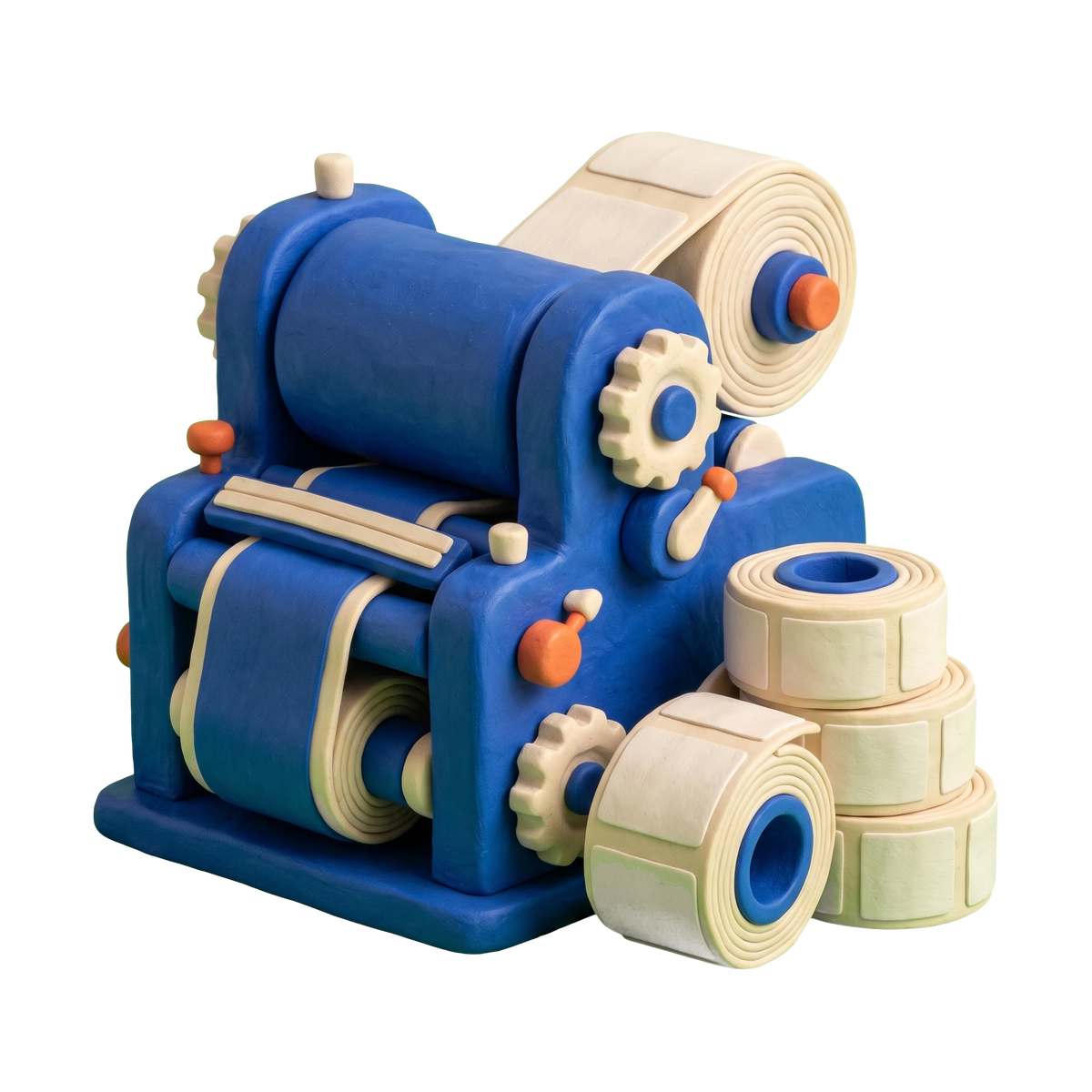 Custom label printer illustration in blue and ivory clay