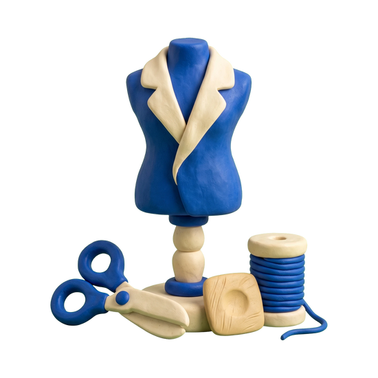 Custom tailor illustration in blue and ivory clay