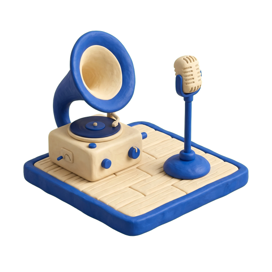 Dance hall illustration in blue and ivory clay