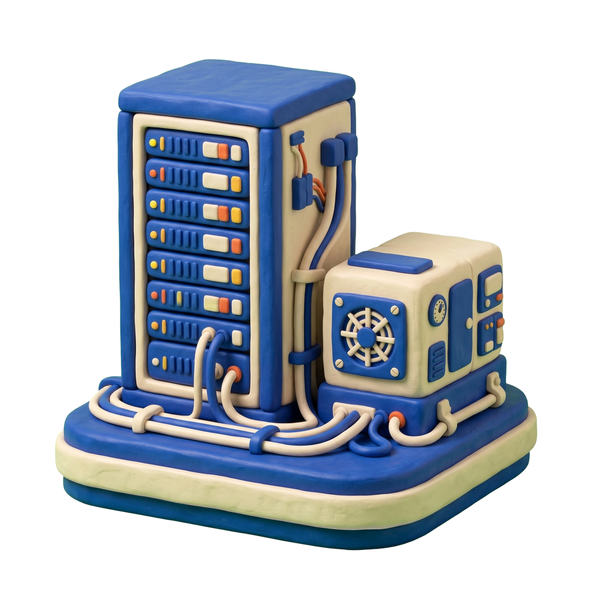 Data center illustration in blue and ivory clay