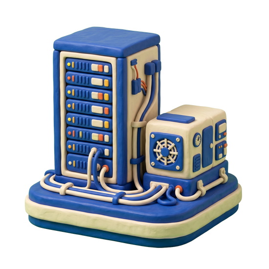 Data center illustration in blue and ivory clay