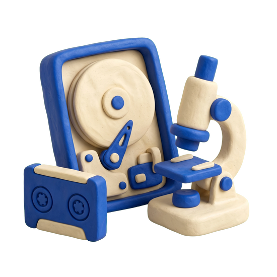 Data recovery service illustration in blue and ivory clay