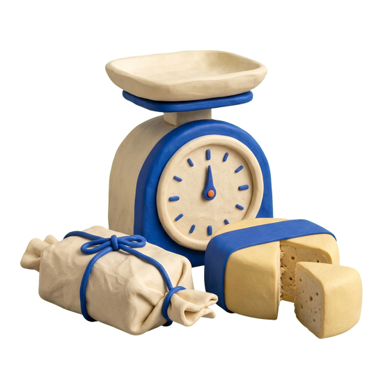Deli illustration in blue and ivory clay