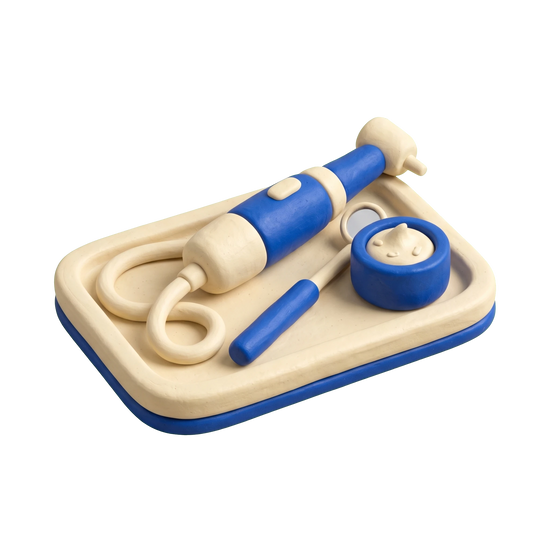 Dental hygienist illustration in blue and ivory clay