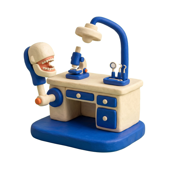 Dental school illustration in blue and ivory clay