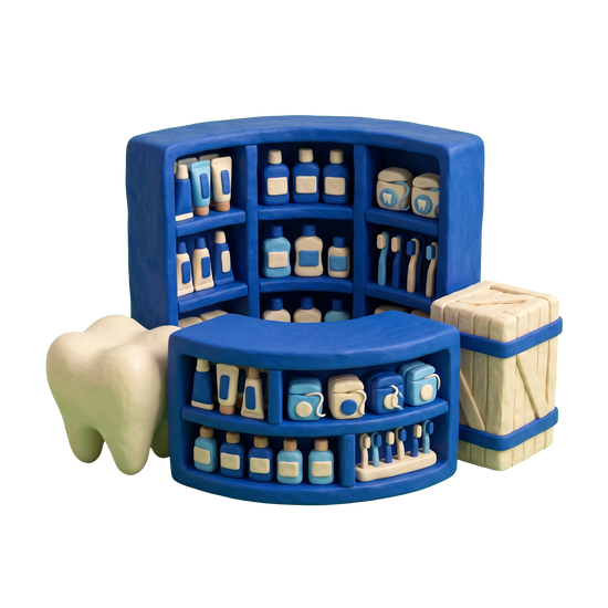 Dental supply store illustration in blue and ivory clay