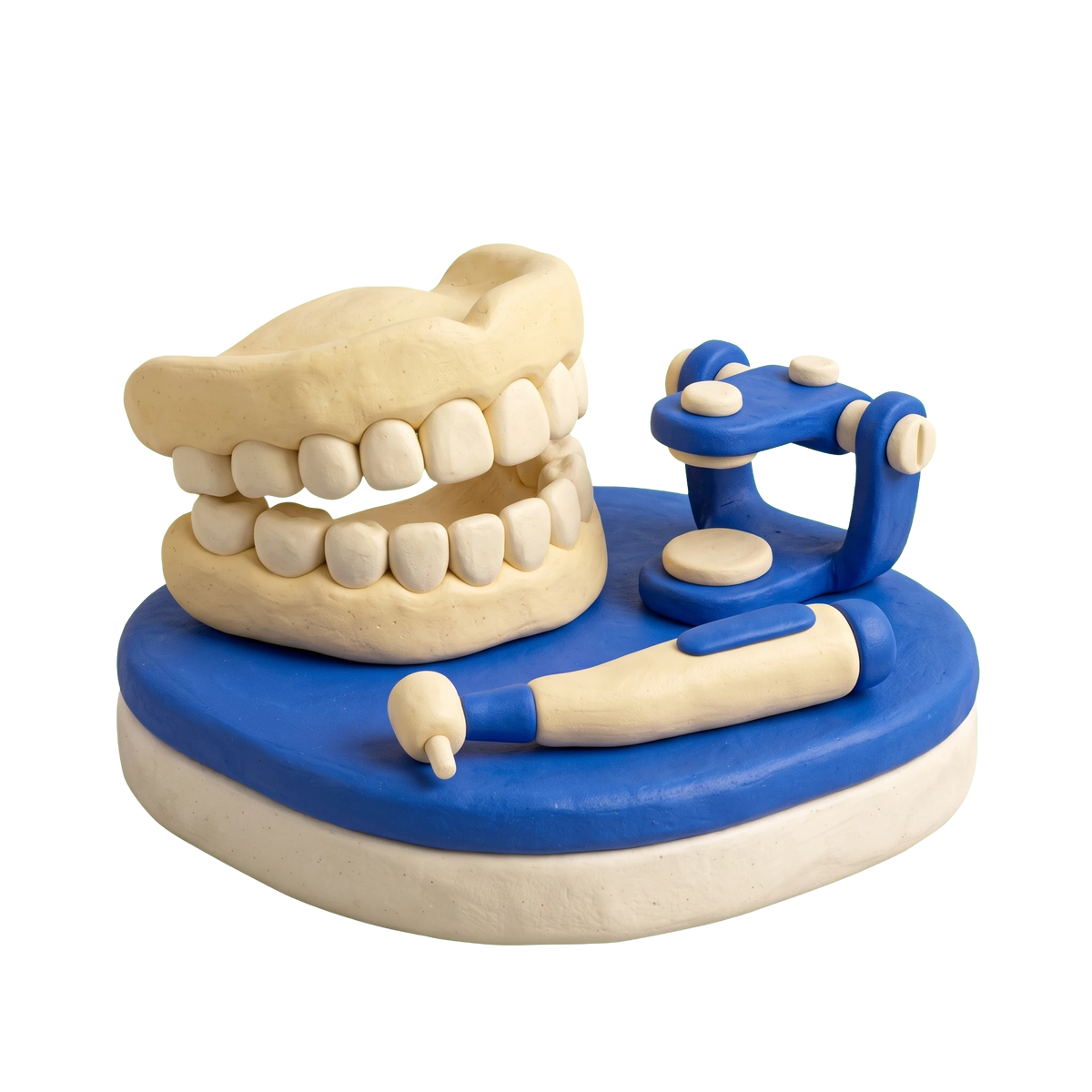 Denture care center illustration in blue and ivory clay