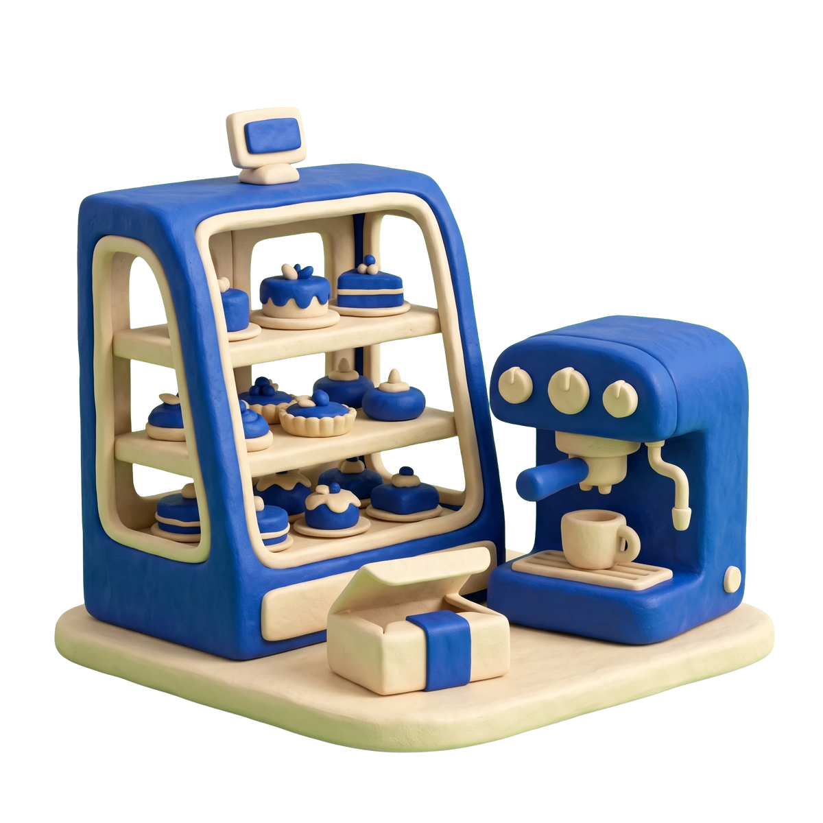 Dessert shop illustration in blue and ivory clay