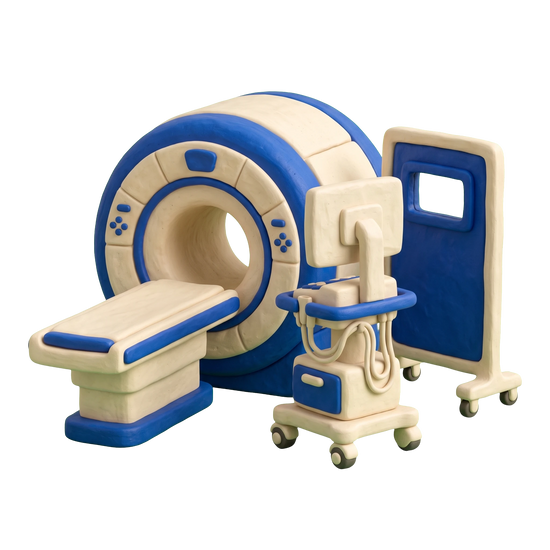 Diagnostic center illustration in blue and ivory clay