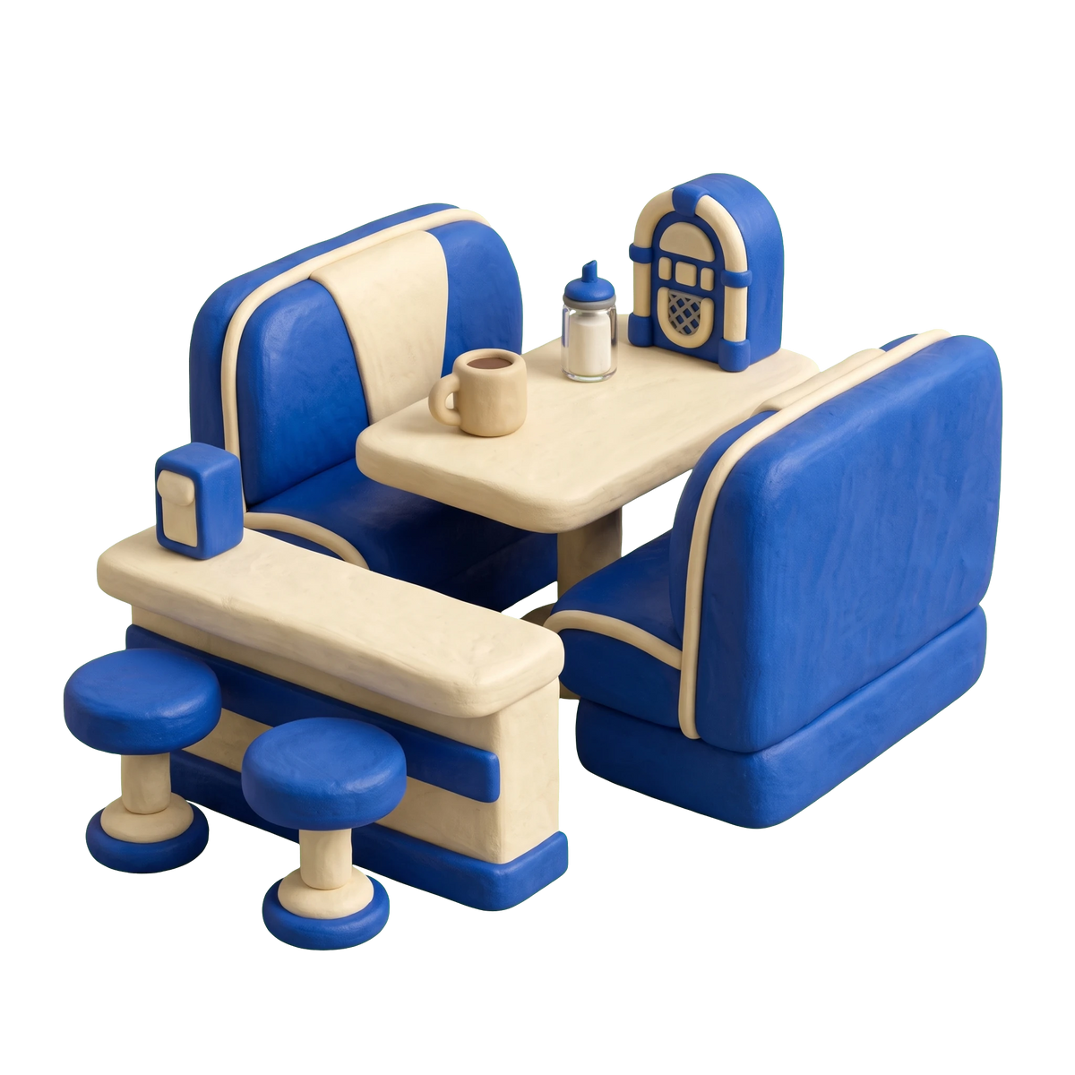 Diner illustration in blue and ivory clay