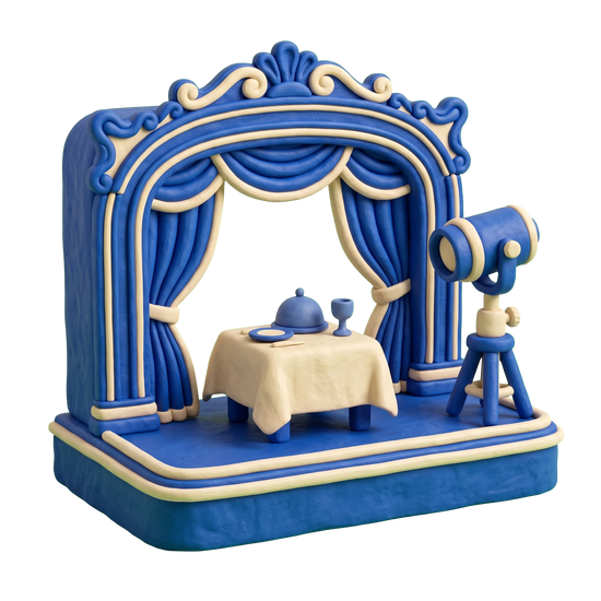 Dinner theater illustration in blue and ivory clay