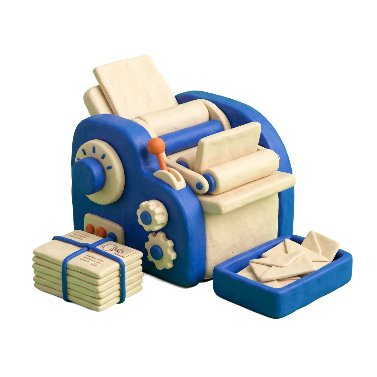Direct mail advertising illustration in blue and ivory clay