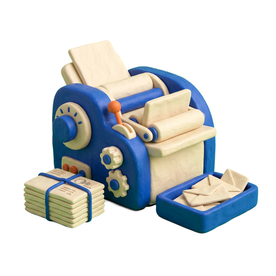 Direct mail advertising illustration in blue and ivory clay